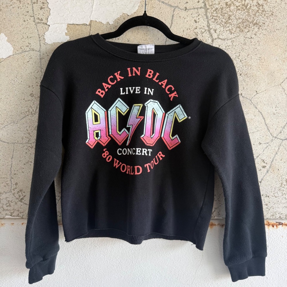 ACDC Sweatshirt Back in Black 1980 World Tour Graphic Cropped Band Merch Girls L
